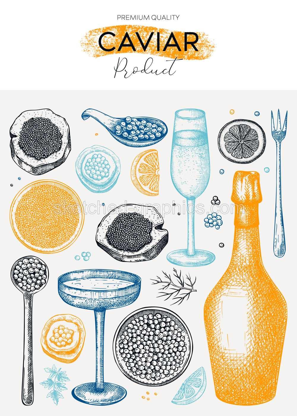 Caviar and champagne hand drawn illustration in color. Hand drawn menu design with red caviar canape, canned black caviar, sparkling wine bottle, glasses sketches. Seafood background Illustration